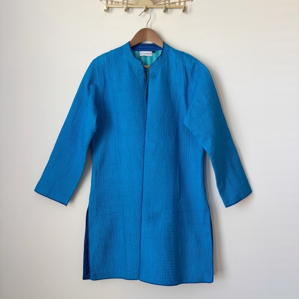 J. Catma Blue Quilted Silk Longline Jacket Large Artisan-Made - Picture 7 of 7